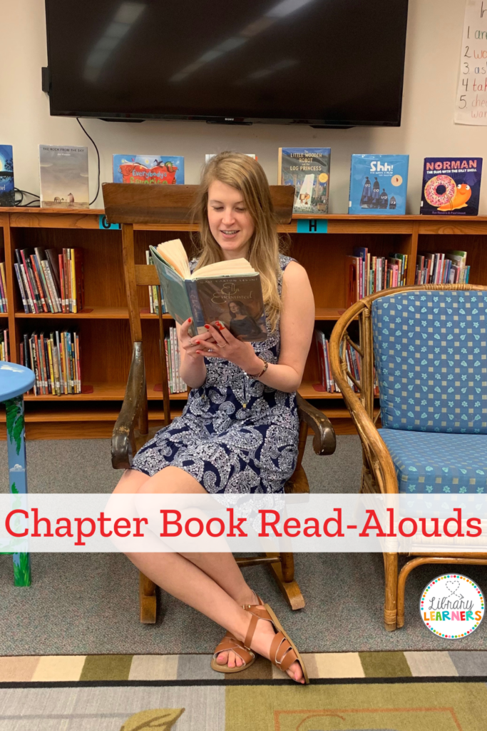 School librarian with chapter book to read aloud