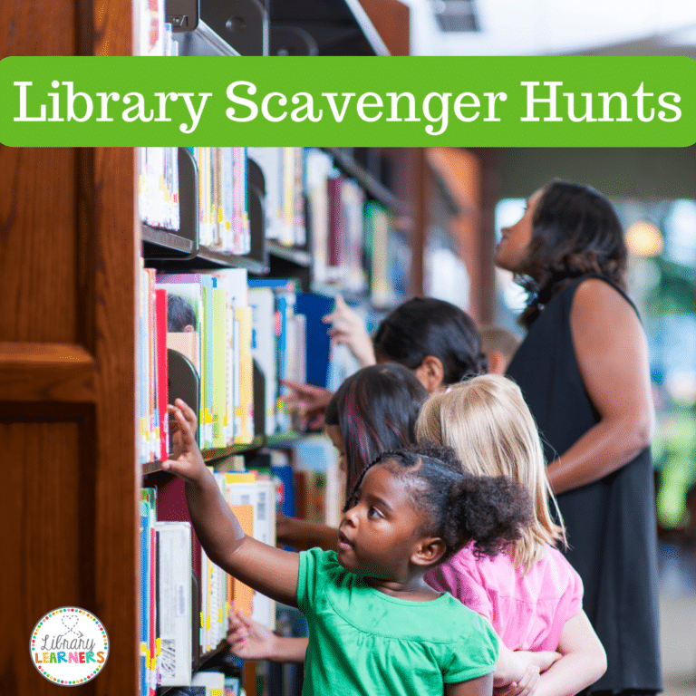 Students at Library Book Shelves for Scavenger Hunt