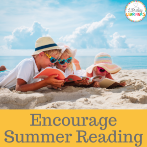 summer reading children at beach with books, hats, and sunglasses