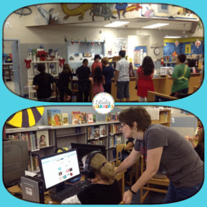 School librarians helping students check out books and search on computer