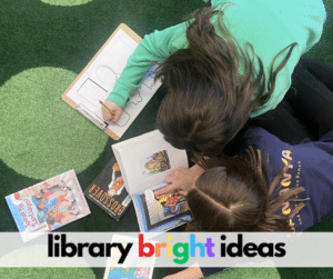 Library Bright Ideas digital magazine for elementary school librarians, showing students on carpet for graphic novel scavenger hunt.