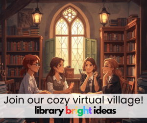 school librarian magazine illustrated by animated librarians sitting at table in cozy library talking
