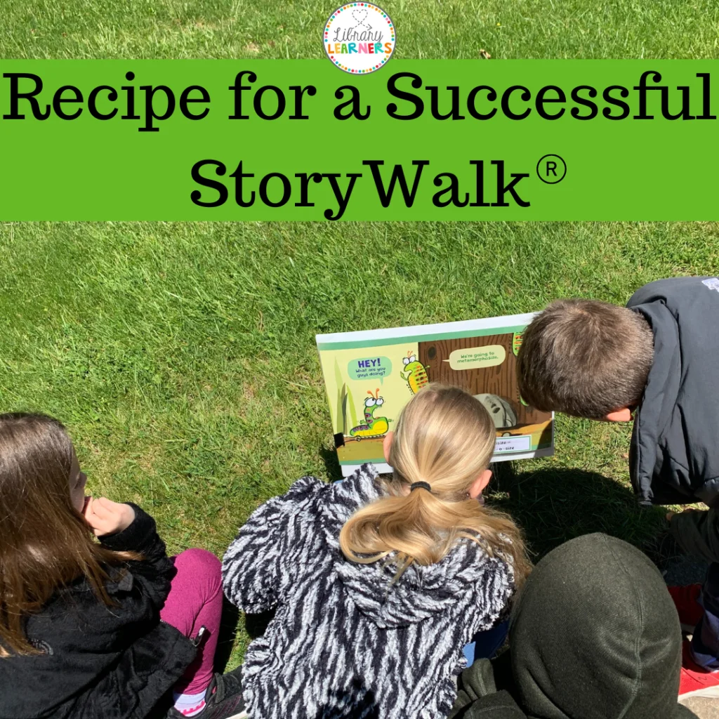 Students on StoryWalk looking at caterpillar book