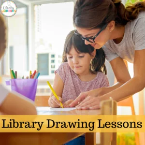 Kindergarten library drawing lessons with student and librarian