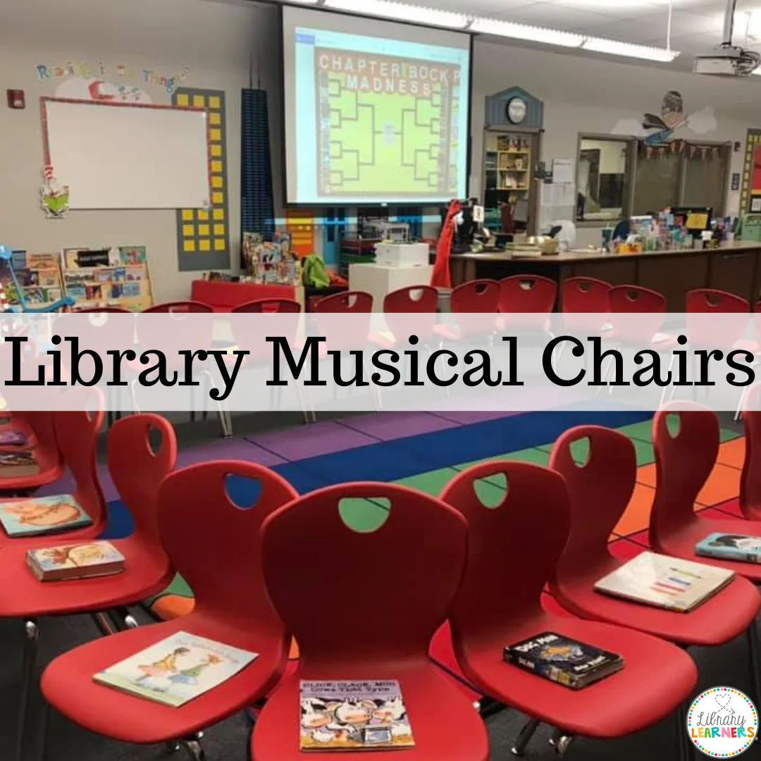 school library activities with red library chairs arranged in circle with a book on each chair